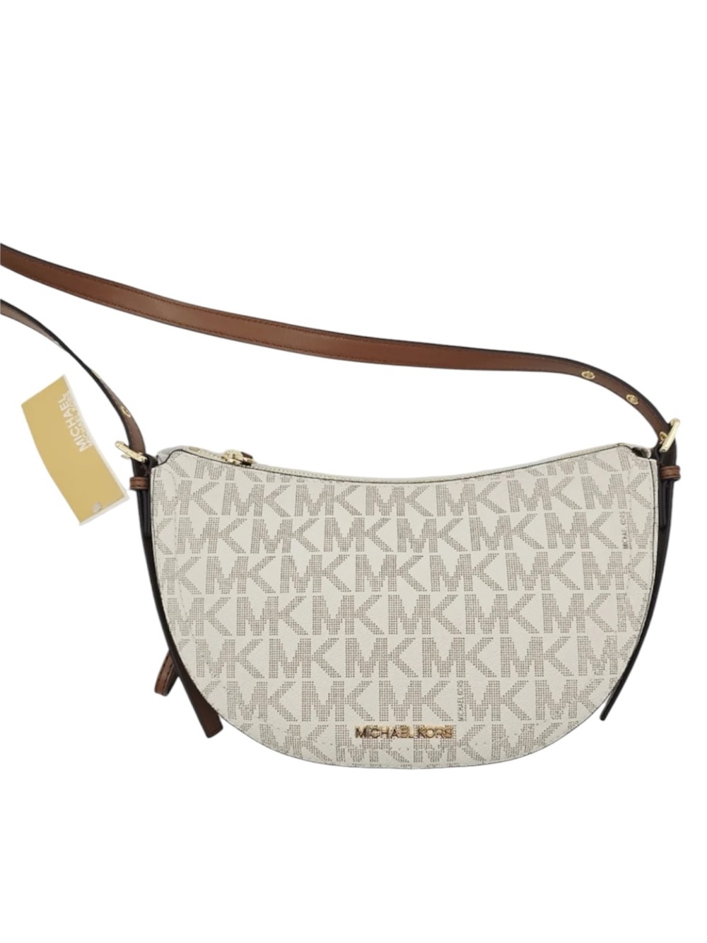 MICHAEL KORS Camden Half Moon Signature Logo Crossbody Bag Color: Vanilla/Acorn